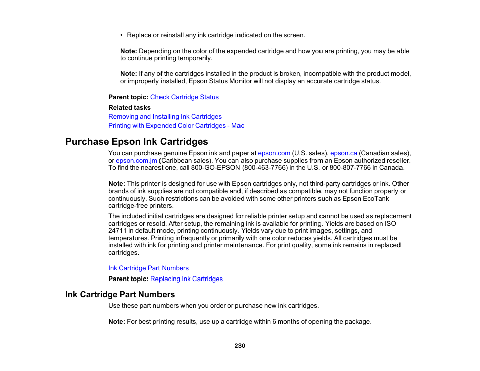 Purchase epson ink cartridges, Ink cartridge part numbers | Epson Expression Premium XP-7100 Small-In-One Inkjet Printer User Manual | Page 230 / 340