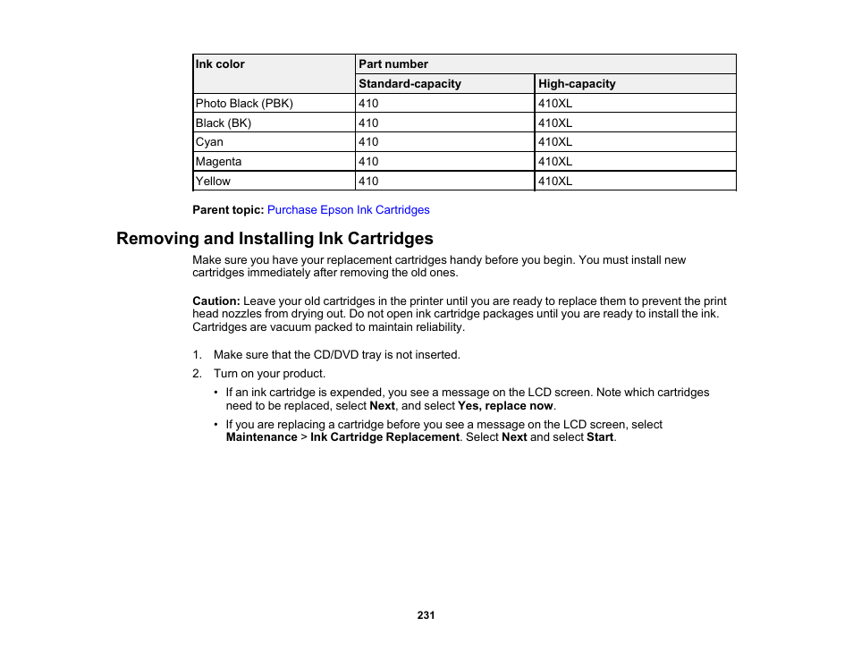 Removing and installing ink cartridges | Epson Expression Premium XP-7100 Small-In-One Inkjet Printer User Manual | Page 231 / 340