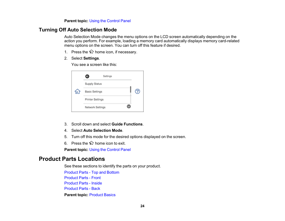 Turning off auto selection mode, Product parts locations | Epson Expression Premium XP-7100 Small-In-One Inkjet Printer User Manual | Page 24 / 340