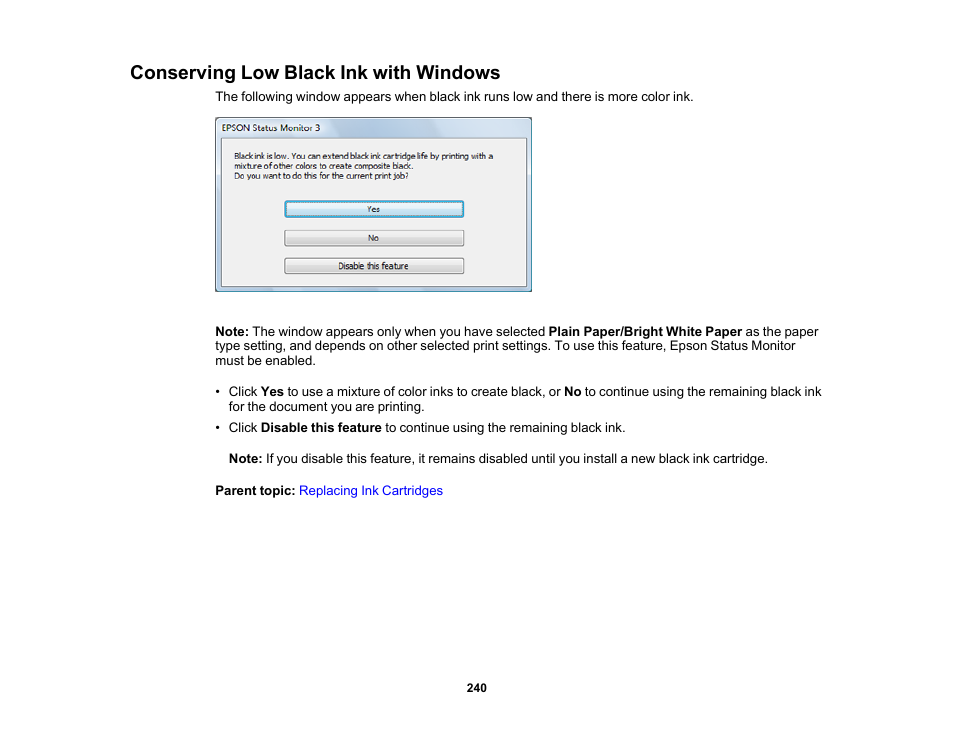 Conserving low black ink with windows | Epson Expression Premium XP-7100 Small-In-One Inkjet Printer User Manual | Page 240 / 340