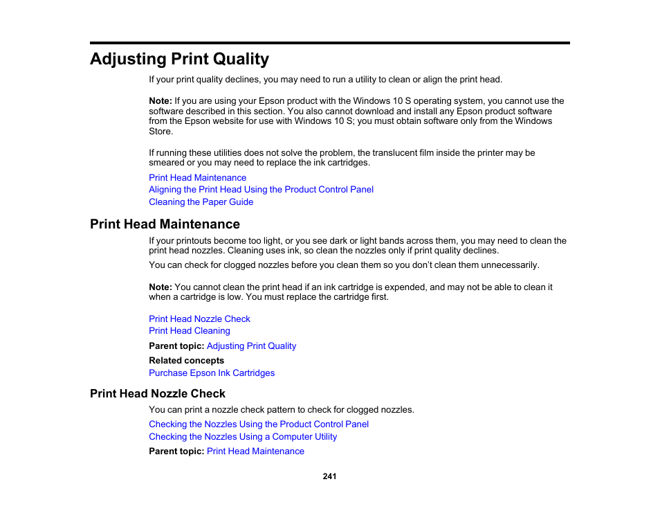 Adjusting print quality, Print head maintenance, Print head nozzle check | Epson Expression Premium XP-7100 Small-In-One Inkjet Printer User Manual | Page 241 / 340