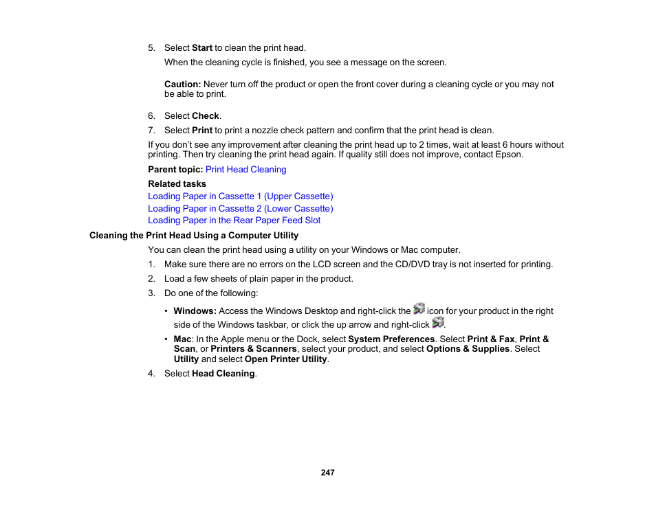 Cleaning the print head using a computer utility | Epson Expression Premium XP-7100 Small-In-One Inkjet Printer User Manual | Page 247 / 340