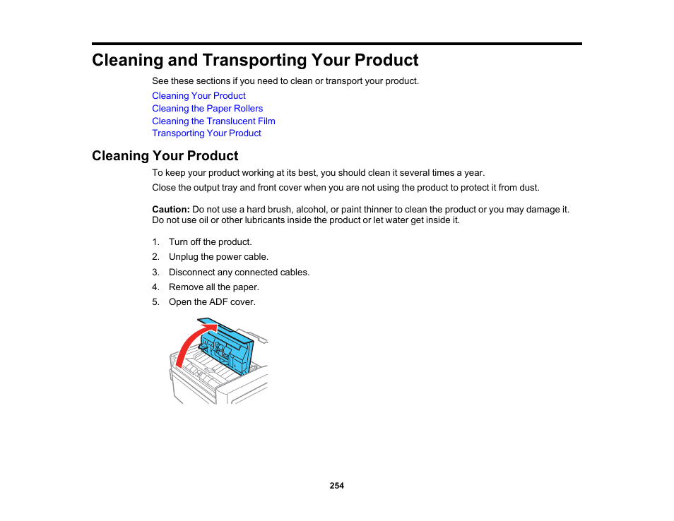 Cleaning and transporting your product, Cleaning your product | Epson Expression Premium XP-7100 Small-In-One Inkjet Printer User Manual | Page 254 / 340