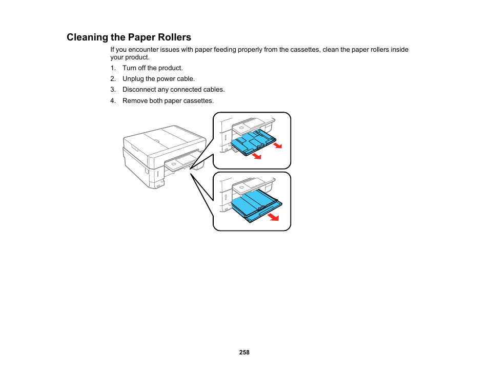 Cleaning the paper rollers | Epson Expression Premium XP-7100 Small-In-One Inkjet Printer User Manual | Page 258 / 340