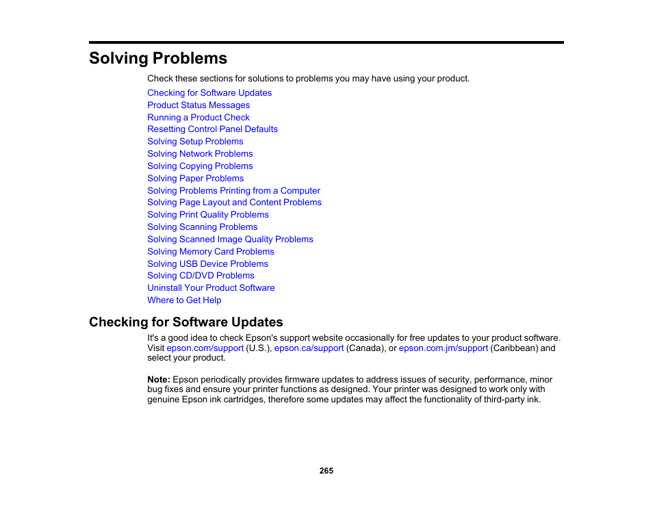 Solving problems, Checking for software updates | Epson Expression Premium XP-7100 Small-In-One Inkjet Printer User Manual | Page 265 / 340