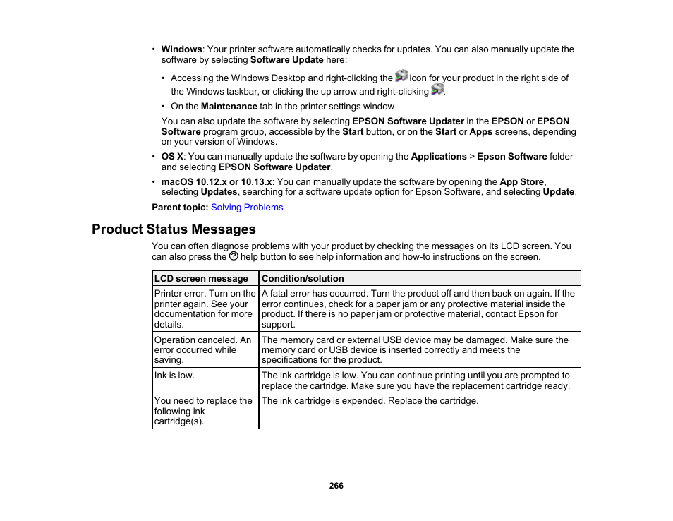 Product status messages | Epson Expression Premium XP-7100 Small-In-One Inkjet Printer User Manual | Page 266 / 340