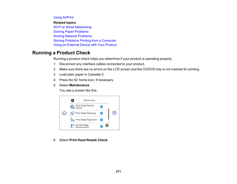 Running a product check | Epson Expression Premium XP-7100 Small-In-One Inkjet Printer User Manual | Page 271 / 340