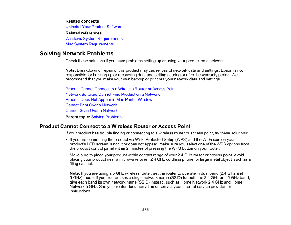 Solving network problems | Epson Expression Premium XP-7100 Small-In-One Inkjet Printer User Manual | Page 275 / 340