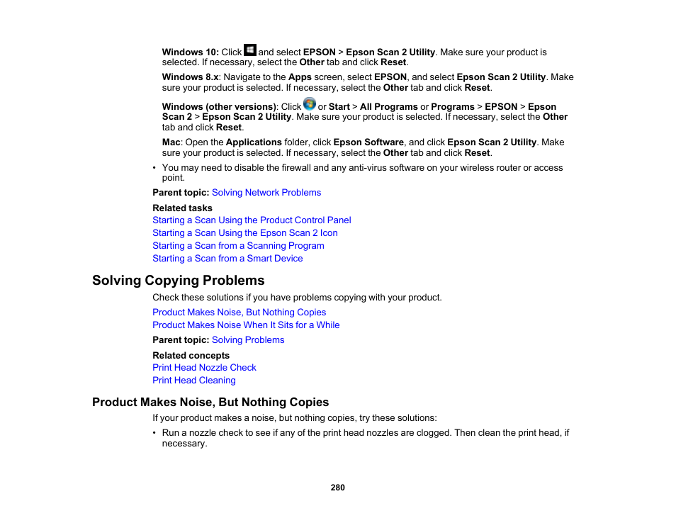 Solving copying problems, Product makes noise, but nothing copies | Epson Expression Premium XP-7100 Small-In-One Inkjet Printer User Manual | Page 280 / 340