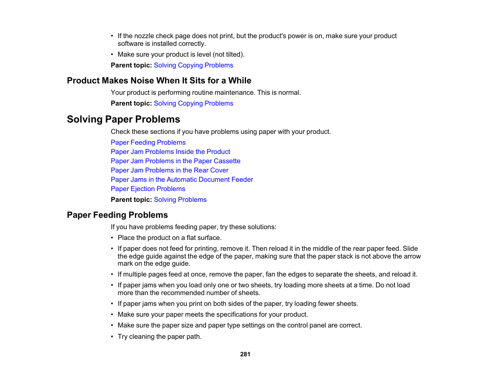 Product makes noise when it sits for a while, Solving paper problems, Paper feeding problems | Epson Expression Premium XP-7100 Small-In-One Inkjet Printer User Manual | Page 281 / 340