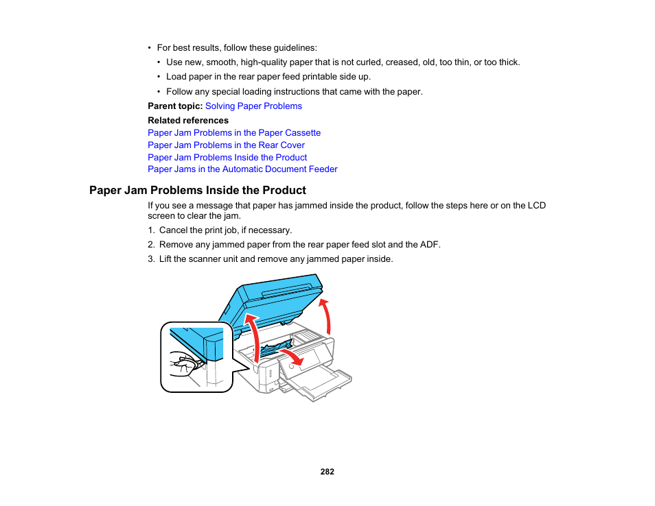 Paper jam problems inside the product | Epson Expression Premium XP-7100 Small-In-One Inkjet Printer User Manual | Page 282 / 340