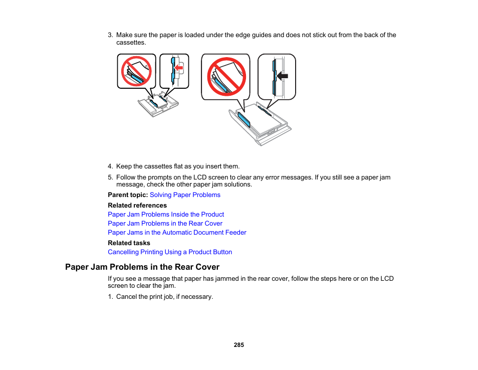 Paper jam problems in the rear cover | Epson Expression Premium XP-7100 Small-In-One Inkjet Printer User Manual | Page 285 / 340