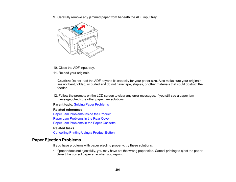 Paper ejection problems | Epson Expression Premium XP-7100 Small-In-One Inkjet Printer User Manual | Page 291 / 340