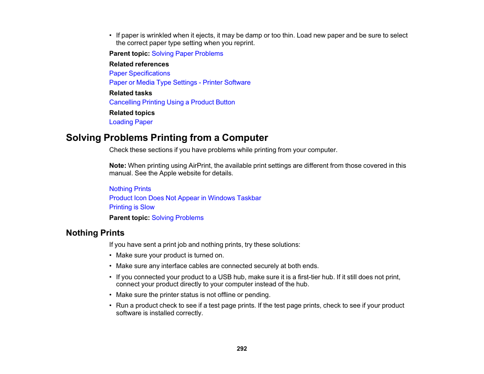 Solving problems printing from a computer, Nothing prints | Epson Expression Premium XP-7100 Small-In-One Inkjet Printer User Manual | Page 292 / 340