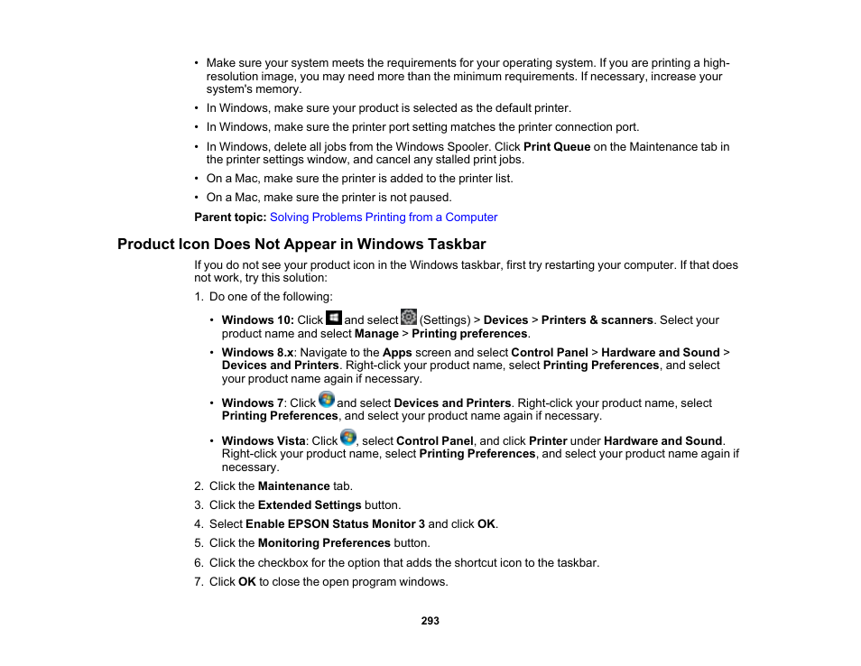 Product icon does not appear in windows taskbar | Epson Expression Premium XP-7100 Small-In-One Inkjet Printer User Manual | Page 293 / 340