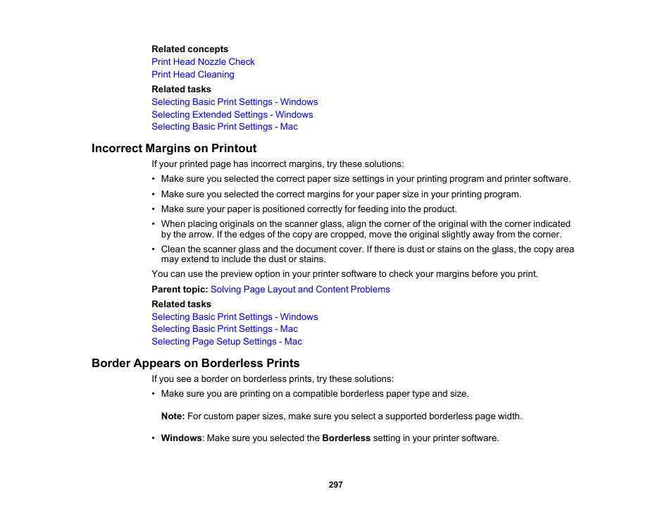 Incorrect margins on printout, Border appears on borderless prints | Epson Expression Premium XP-7100 Small-In-One Inkjet Printer User Manual | Page 297 / 340