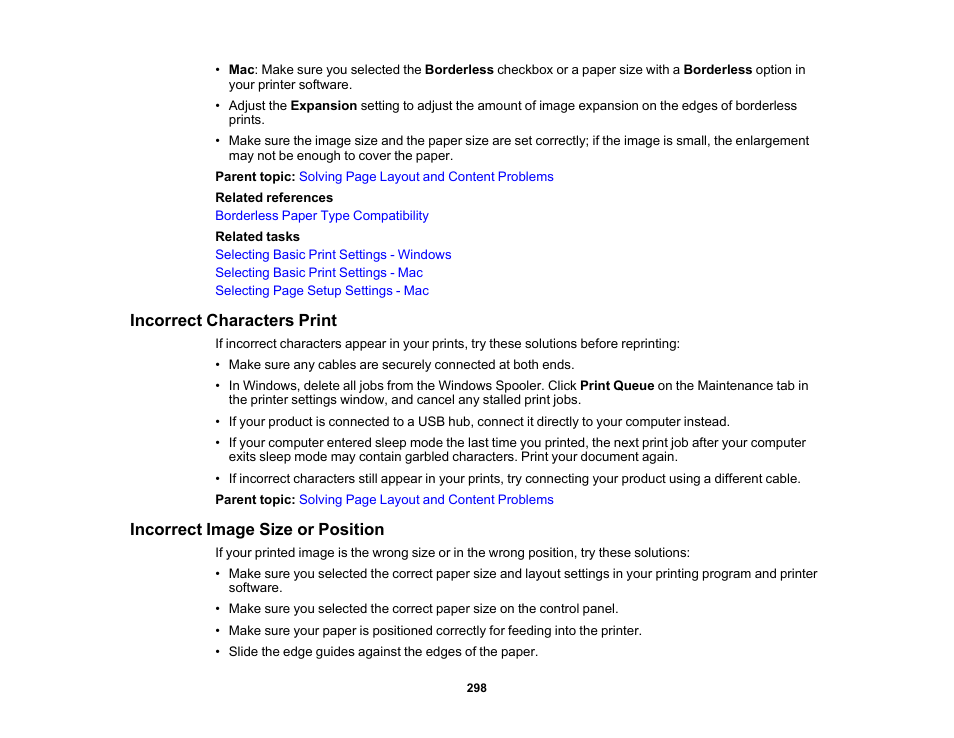 Incorrect characters print, Incorrect image size or position | Epson Expression Premium XP-7100 Small-In-One Inkjet Printer User Manual | Page 298 / 340