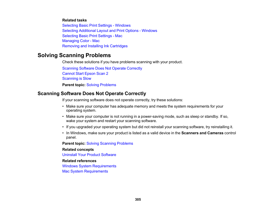 Solving scanning problems, Scanning software does not operate correctly | Epson Expression Premium XP-7100 Small-In-One Inkjet Printer User Manual | Page 305 / 340