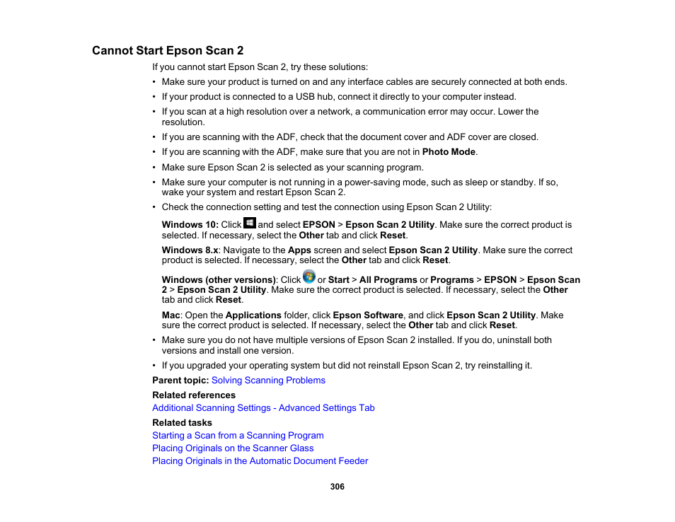 Cannot start epson scan 2 | Epson Expression Premium XP-7100 Small-In-One Inkjet Printer User Manual | Page 306 / 340