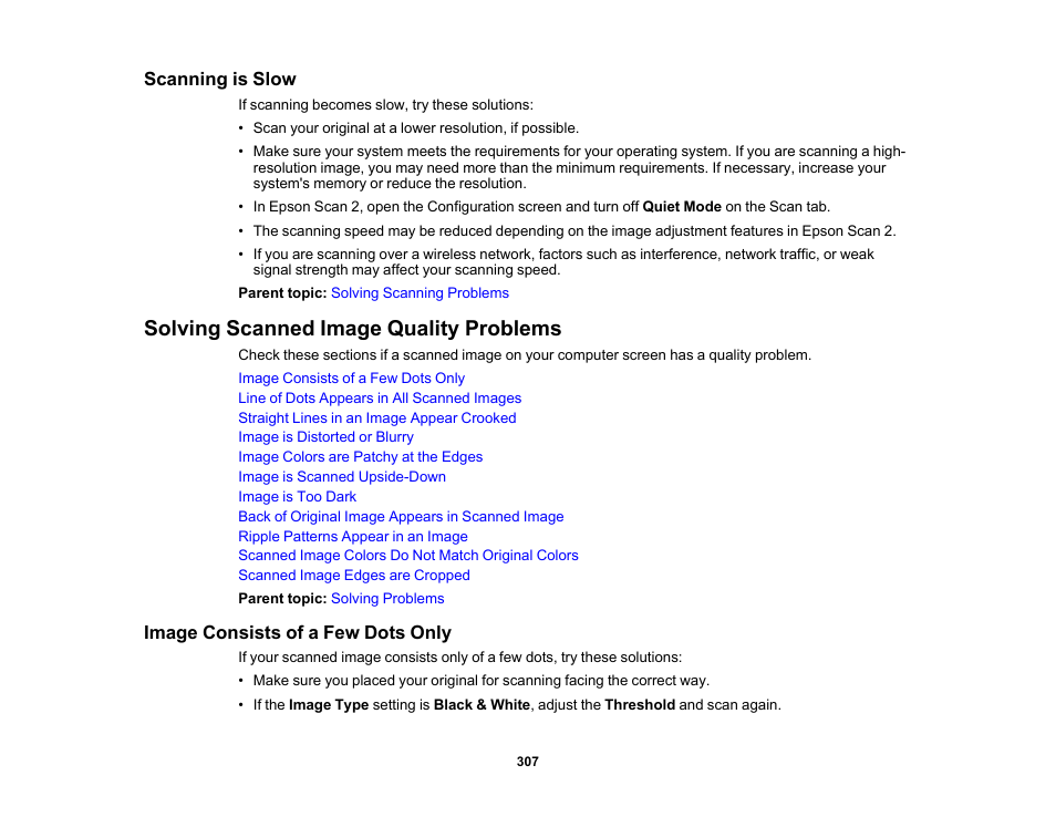 Scanning is slow, Solving scanned image quality problems, Image consists of a few dots only | Epson Expression Premium XP-7100 Small-In-One Inkjet Printer User Manual | Page 307 / 340