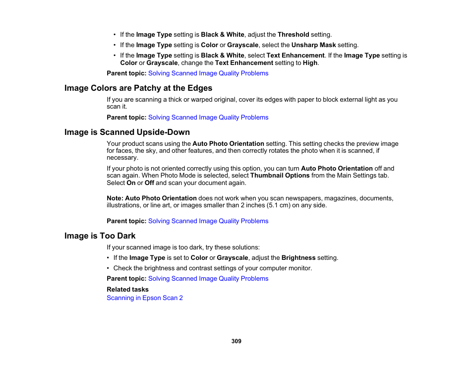 Image colors are patchy at the edges, Image is scanned upside-down, Image is too dark | Epson Expression Premium XP-7100 Small-In-One Inkjet Printer User Manual | Page 309 / 340