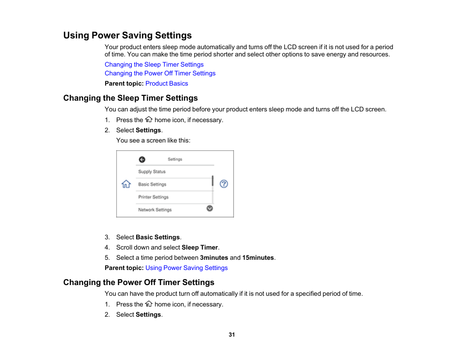 Using power saving settings, Changing the sleep timer settings, Changing the power off timer settings | Epson Expression Premium XP-7100 Small-In-One Inkjet Printer User Manual | Page 31 / 340