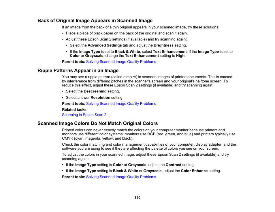 Back of original image appears in scanned image, Ripple patterns appear in an image, Scanned image colors do not match original colors | Epson Expression Premium XP-7100 Small-In-One Inkjet Printer User Manual | Page 310 / 340