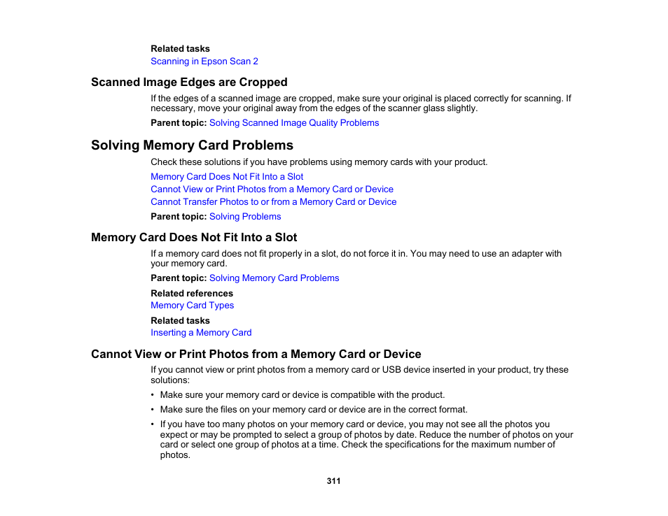 Scanned image edges are cropped, Solving memory card problems, Memory card does not fit into a slot | Epson Expression Premium XP-7100 Small-In-One Inkjet Printer User Manual | Page 311 / 340