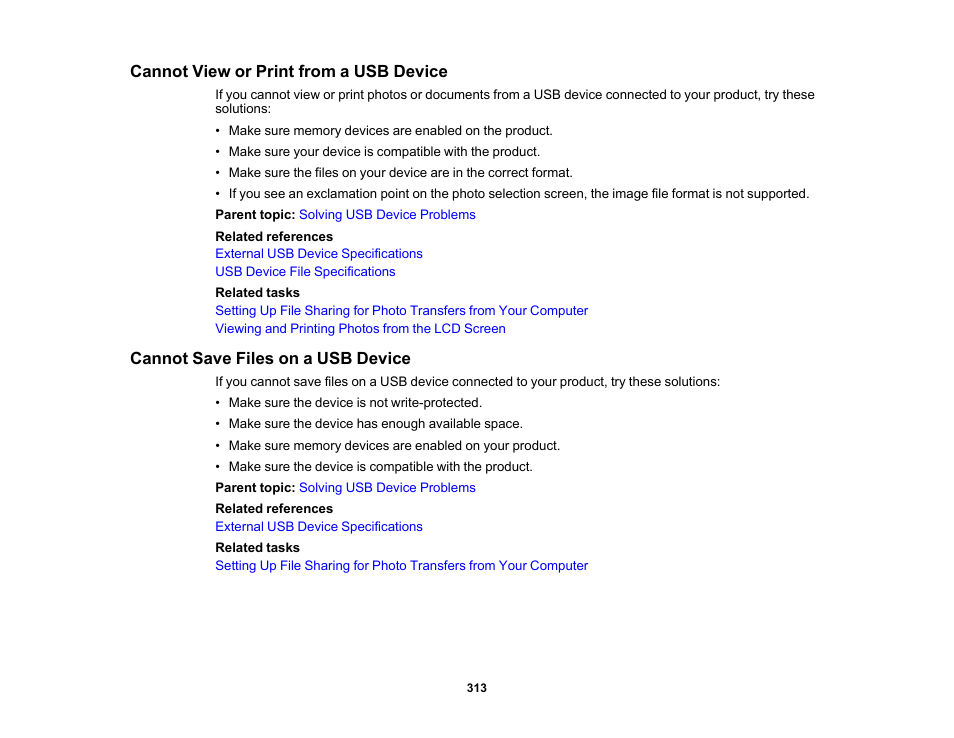 Cannot view or print from a usb device, Cannot save files on a usb device | Epson Expression Premium XP-7100 Small-In-One Inkjet Printer User Manual | Page 313 / 340