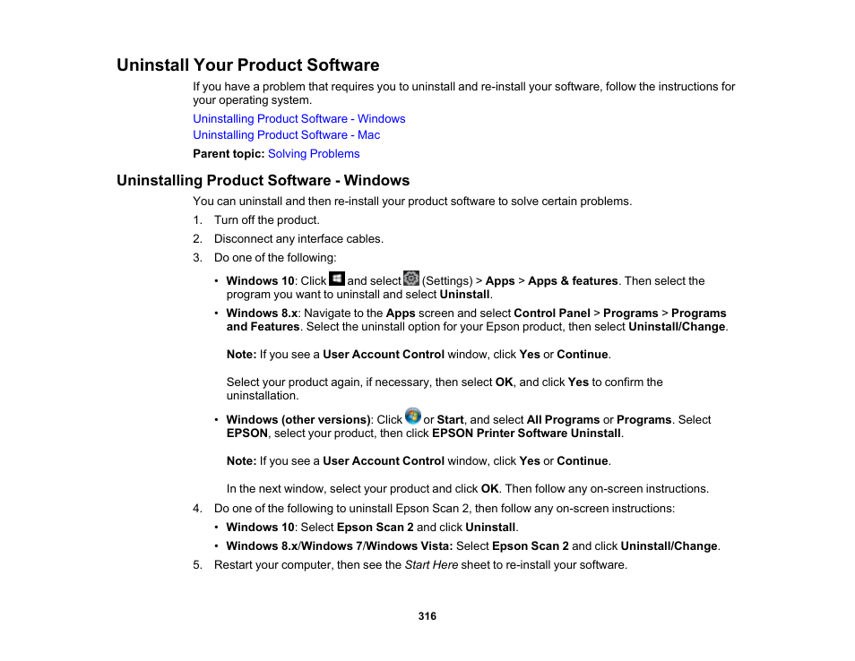 Uninstall your product software, Uninstalling product software - windows | Epson Expression Premium XP-7100 Small-In-One Inkjet Printer User Manual | Page 316 / 340