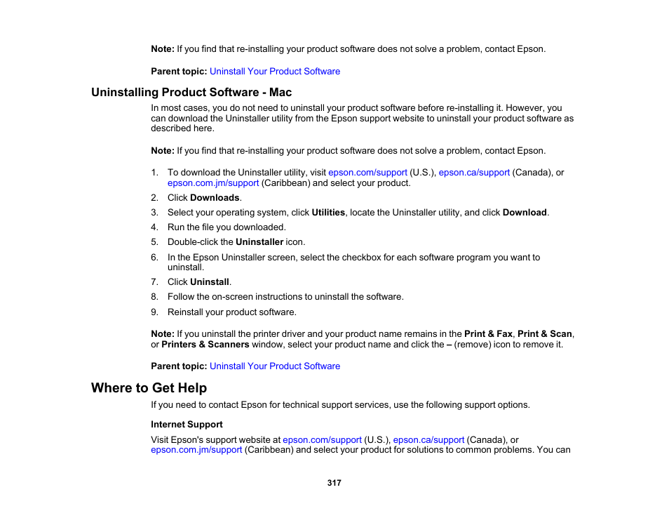 Uninstalling product software - mac, Where to get help | Epson Expression Premium XP-7100 Small-In-One Inkjet Printer User Manual | Page 317 / 340