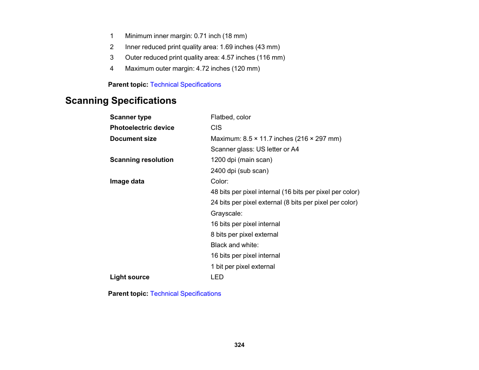 Scanning specifications | Epson Expression Premium XP-7100 Small-In-One Inkjet Printer User Manual | Page 324 / 340