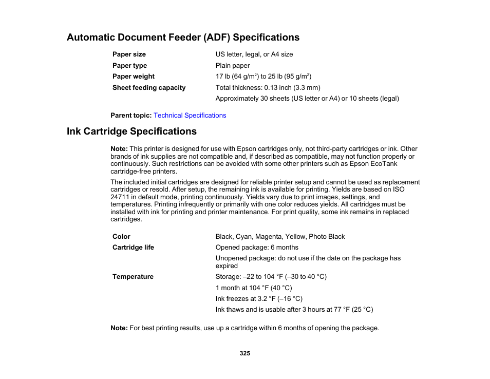 Automatic document feeder (adf) specifications, Ink cartridge specifications | Epson Expression Premium XP-7100 Small-In-One Inkjet Printer User Manual | Page 325 / 340