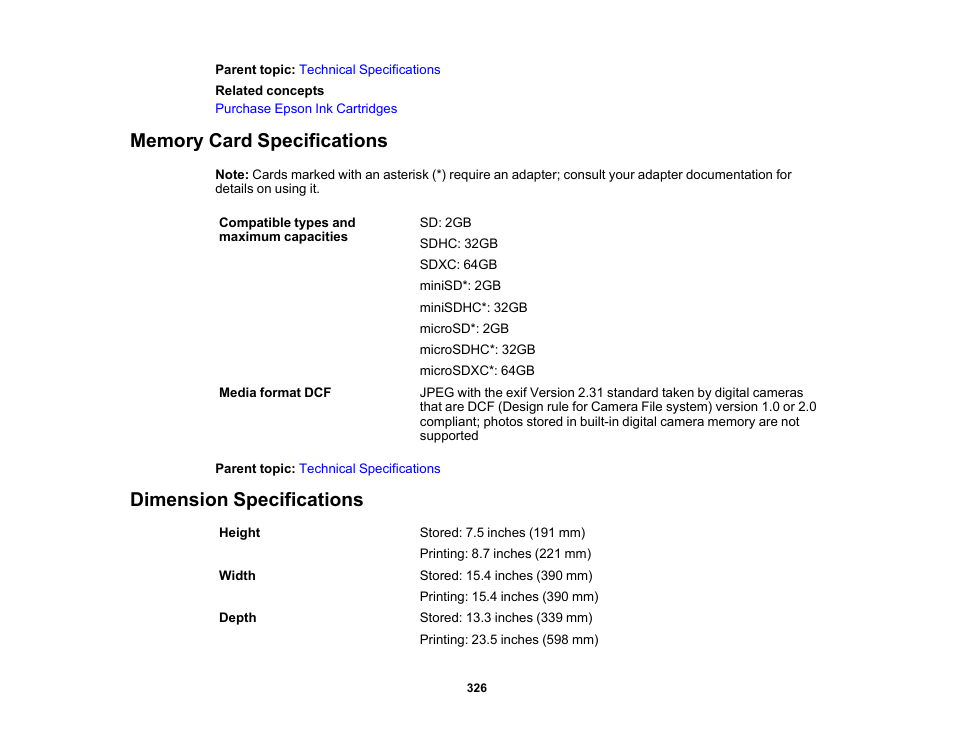 Memory card specifications, Dimension specifications | Epson Expression Premium XP-7100 Small-In-One Inkjet Printer User Manual | Page 326 / 340