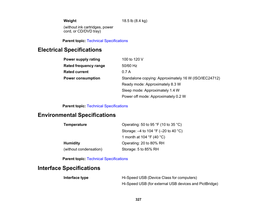 Electrical specifications, Environmental specifications, Interface specifications | Epson Expression Premium XP-7100 Small-In-One Inkjet Printer User Manual | Page 327 / 340