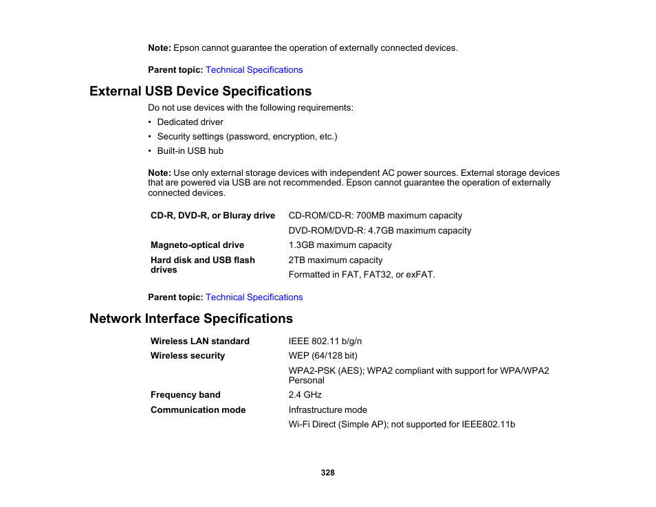 External usb device specifications, Network interface specifications | Epson Expression Premium XP-7100 Small-In-One Inkjet Printer User Manual | Page 328 / 340