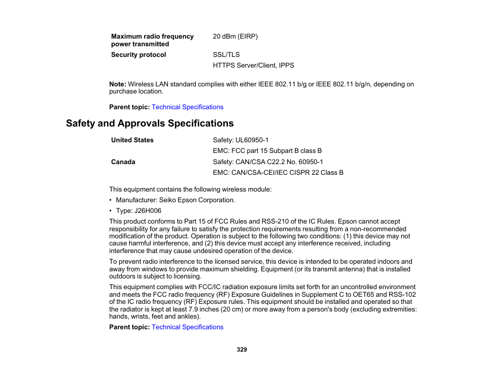Safety and approvals specifications | Epson Expression Premium XP-7100 Small-In-One Inkjet Printer User Manual | Page 329 / 340