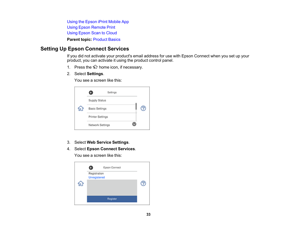 Setting up epson connect services | Epson Expression Premium XP-7100 Small-In-One Inkjet Printer User Manual | Page 33 / 340