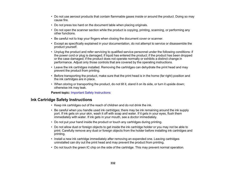 Ink cartridge safety instructions | Epson Expression Premium XP-7100 Small-In-One Inkjet Printer User Manual | Page 332 / 340
