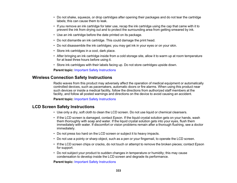 Wireless connection safety instructions, Lcd screen safety instructions | Epson Expression Premium XP-7100 Small-In-One Inkjet Printer User Manual | Page 333 / 340