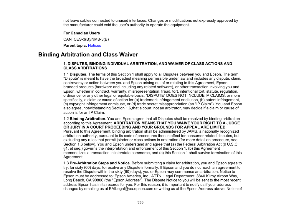 Binding arbitration and class waiver | Epson Expression Premium XP-7100 Small-In-One Inkjet Printer User Manual | Page 335 / 340