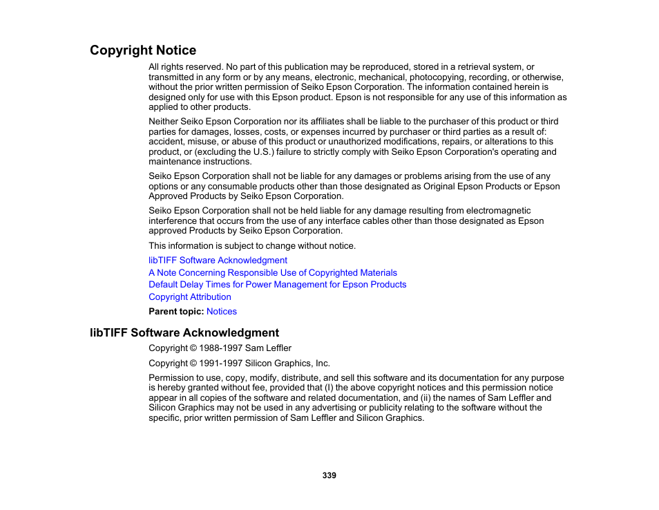 Copyright notice, Libtiff software acknowledgment | Epson Expression Premium XP-7100 Small-In-One Inkjet Printer User Manual | Page 339 / 340