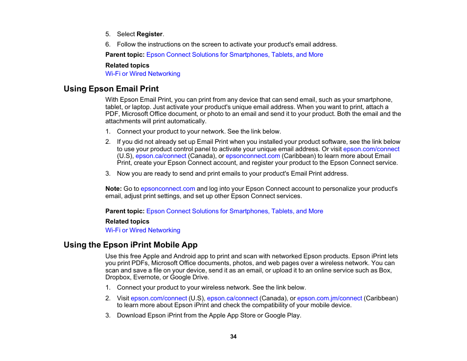 Using epson email print, Using the epson iprint mobile app | Epson Expression Premium XP-7100 Small-In-One Inkjet Printer User Manual | Page 34 / 340