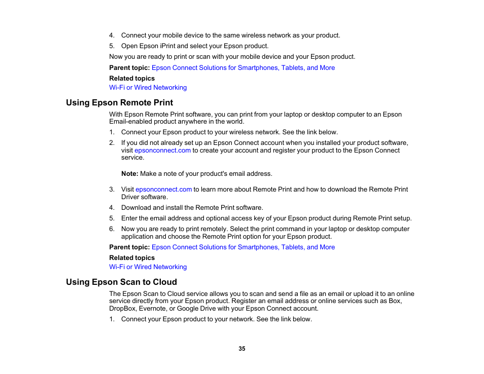 Using epson remote print, Using epson scan to cloud, Using epson remote print using epson scan to cloud | Epson Expression Premium XP-7100 Small-In-One Inkjet Printer User Manual | Page 35 / 340