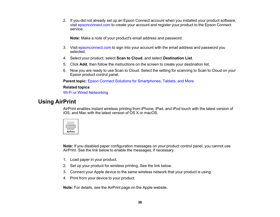 Using airprint | Epson Expression Premium XP-7100 Small-In-One Inkjet Printer User Manual | Page 36 / 340