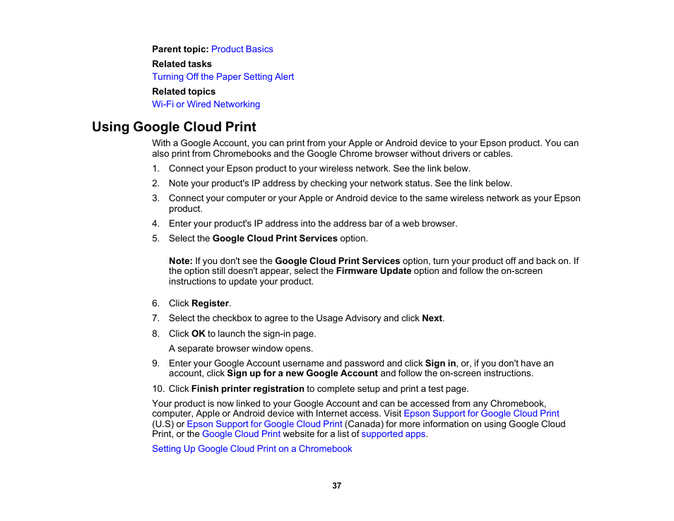 Using google cloud print | Epson Expression Premium XP-7100 Small-In-One Inkjet Printer User Manual | Page 37 / 340