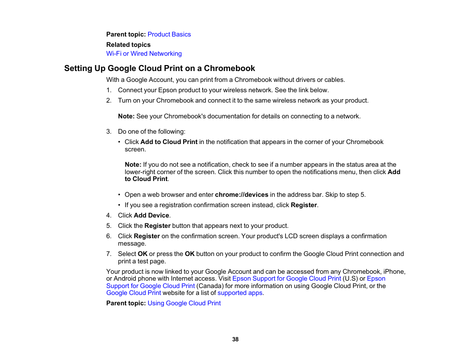 Setting up google cloud print on a chromebook | Epson Expression Premium XP-7100 Small-In-One Inkjet Printer User Manual | Page 38 / 340