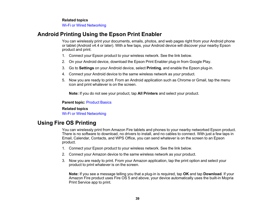 Android printing using the epson print enabler, Using fire os printing | Epson Expression Premium XP-7100 Small-In-One Inkjet Printer User Manual | Page 39 / 340
