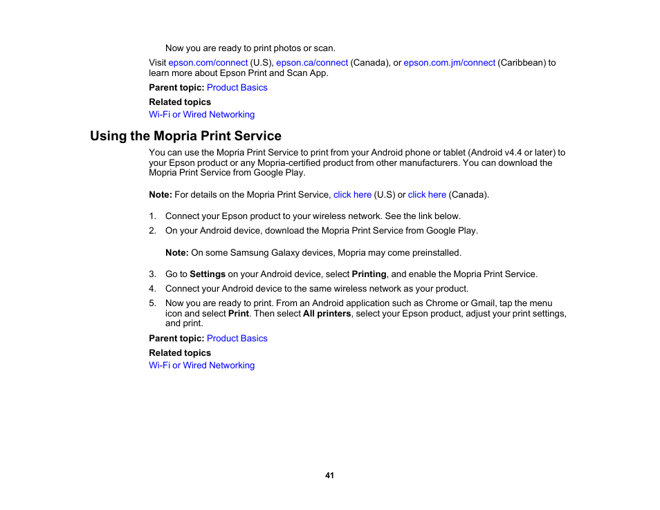 Using the mopria print service | Epson Expression Premium XP-7100 Small-In-One Inkjet Printer User Manual | Page 41 / 340