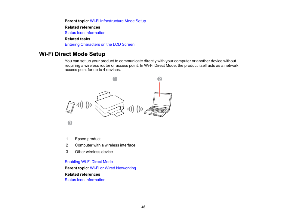 Wi-fi direct mode setup | Epson Expression Premium XP-7100 Small-In-One Inkjet Printer User Manual | Page 46 / 340